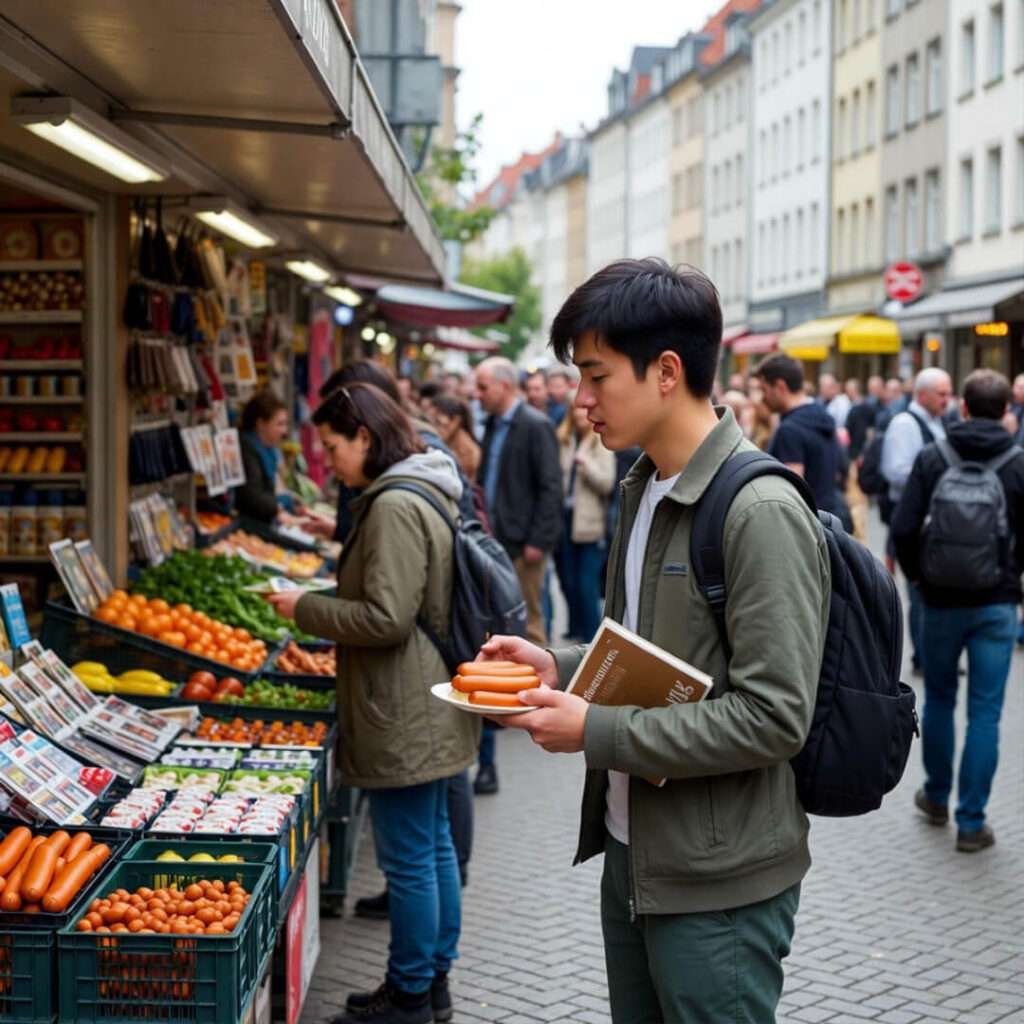 Off-kilter photo of student holding currywurst and textbook at bustling Berlin market.