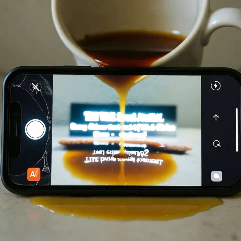 Coffee spills from mug onto cracked phone showing blurry WSJ headline.