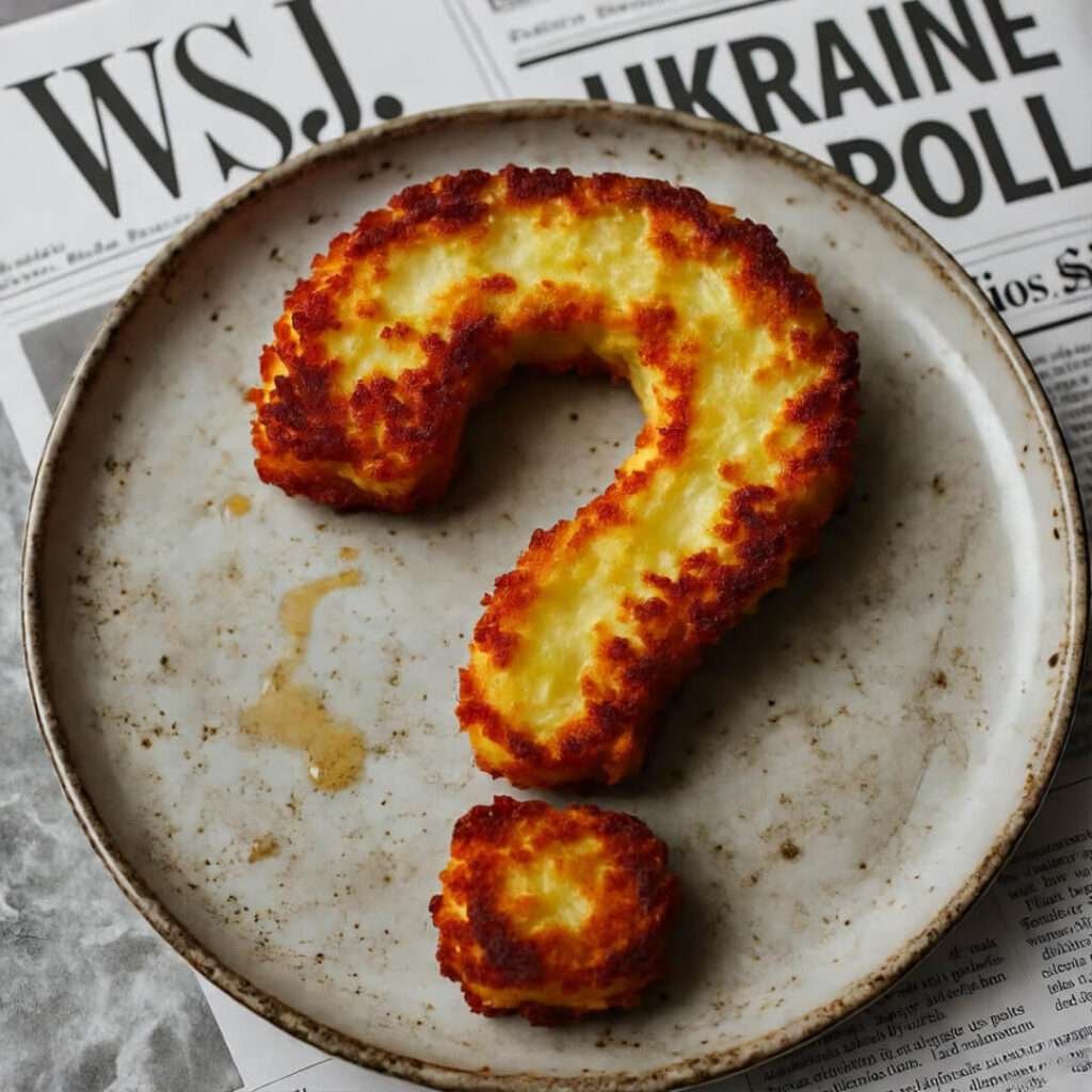 Question mark hash browns on plate over WSJ Ukraine poll headline, overhead view.
