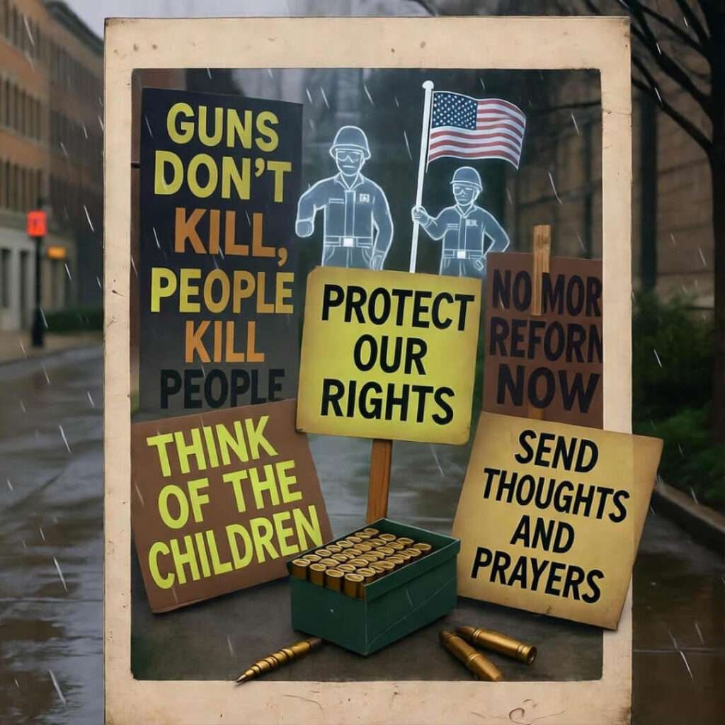 Rain-soaked protest signs with "Thoughts and Prayers" banner, ammo box, ghostly soldiers. Ironic sepia Polaroid.