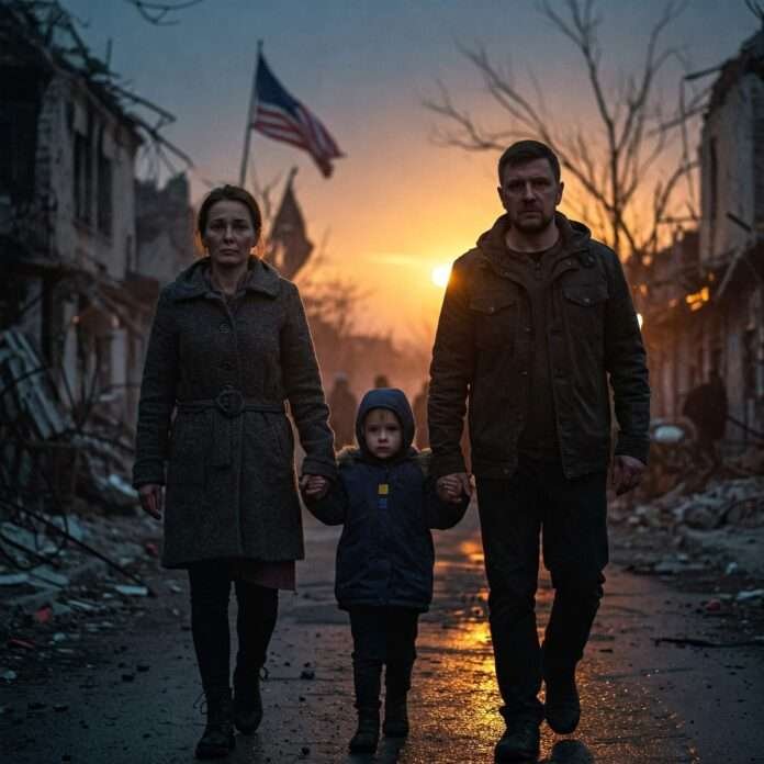 Ukrainian family in war-torn street.