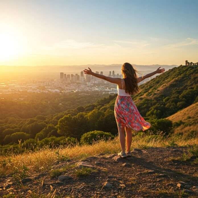 Confident woman on hilltop overlooking city and nature.