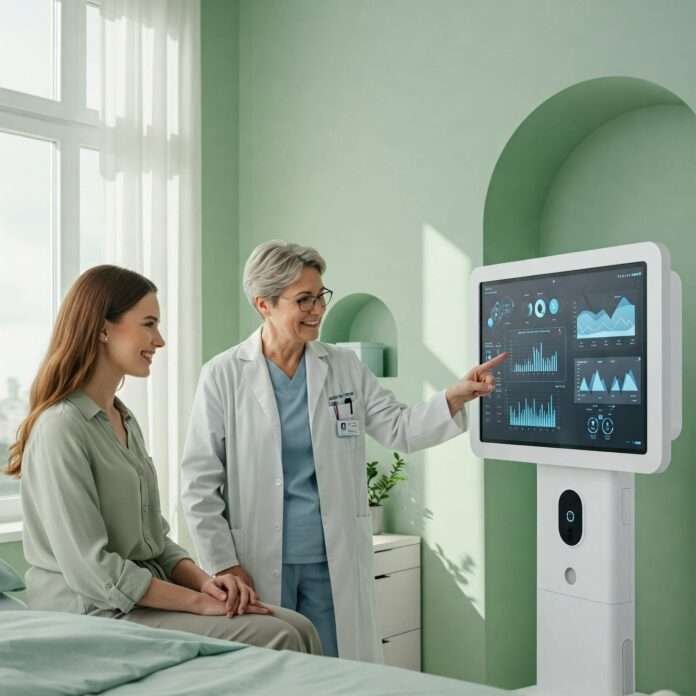 AI-assisted healthcare: doctor, patient, and AI screen.