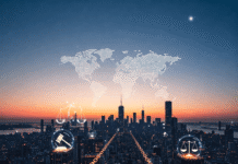 Futuristic city dusk, blockchain, legal symbols.
