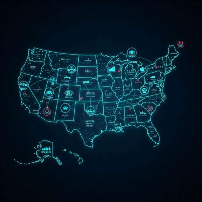Futuristic US Map Tech Tariffs