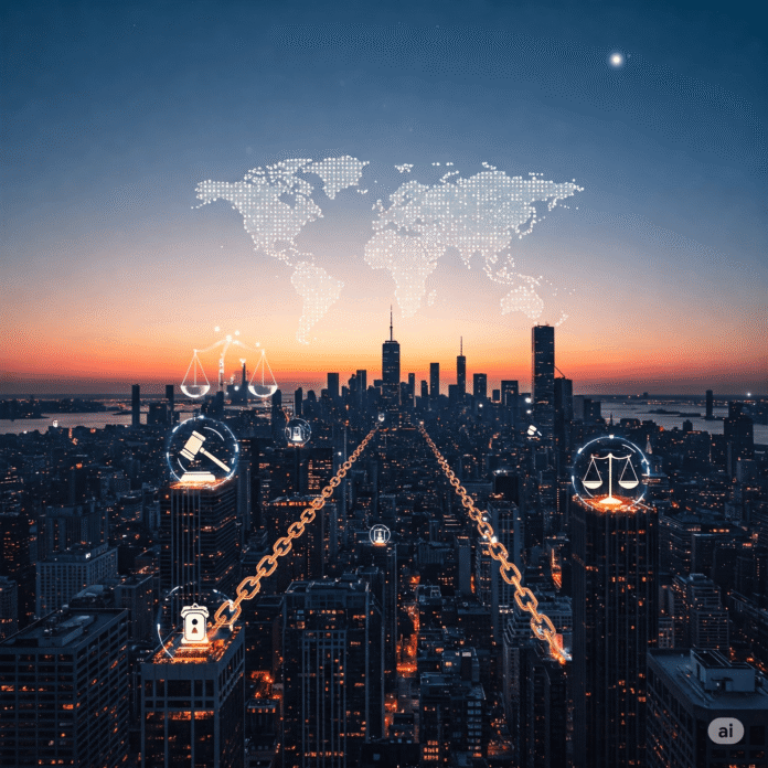 Futuristic city dusk, blockchain, legal symbols.