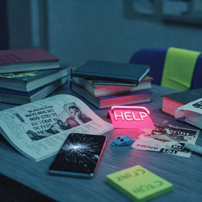 Cluttered desk with textbooks,