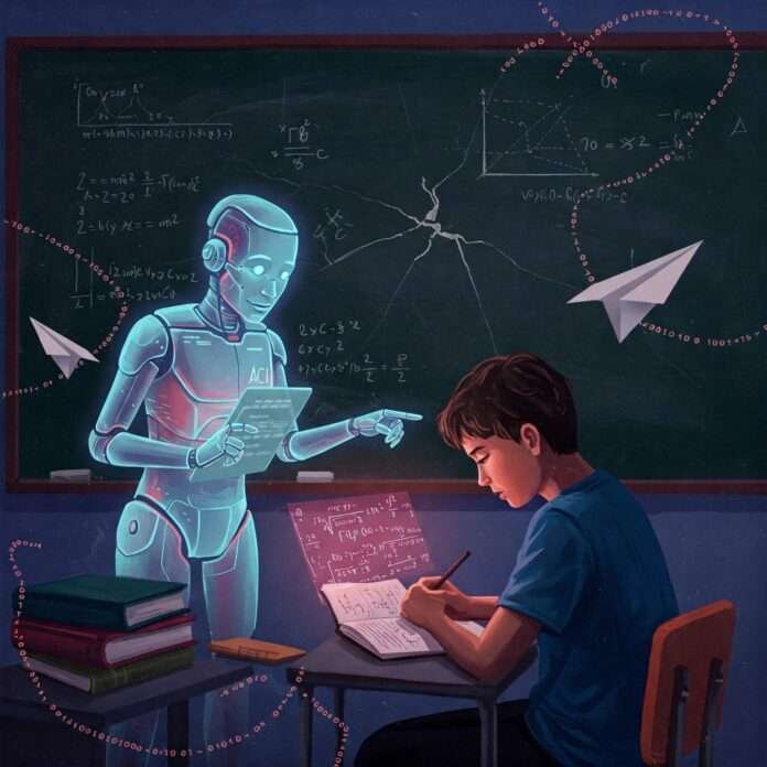 Holographic AI tutors, animated equations in a noteboo