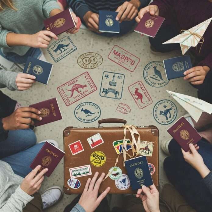 Students with passports and travel stamps.