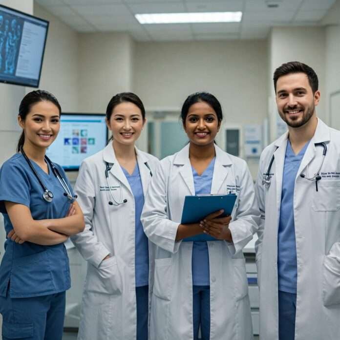 Diverse healthcare team smiling confidently