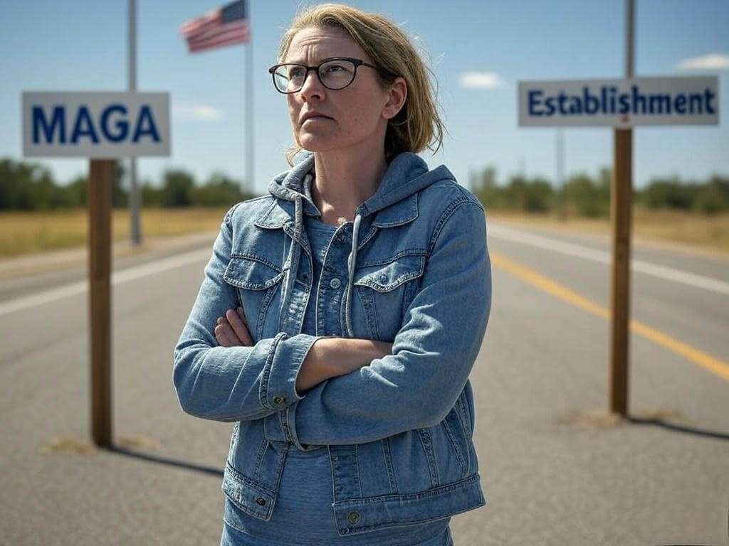 A lone voter in a denim jacket stands at a fork