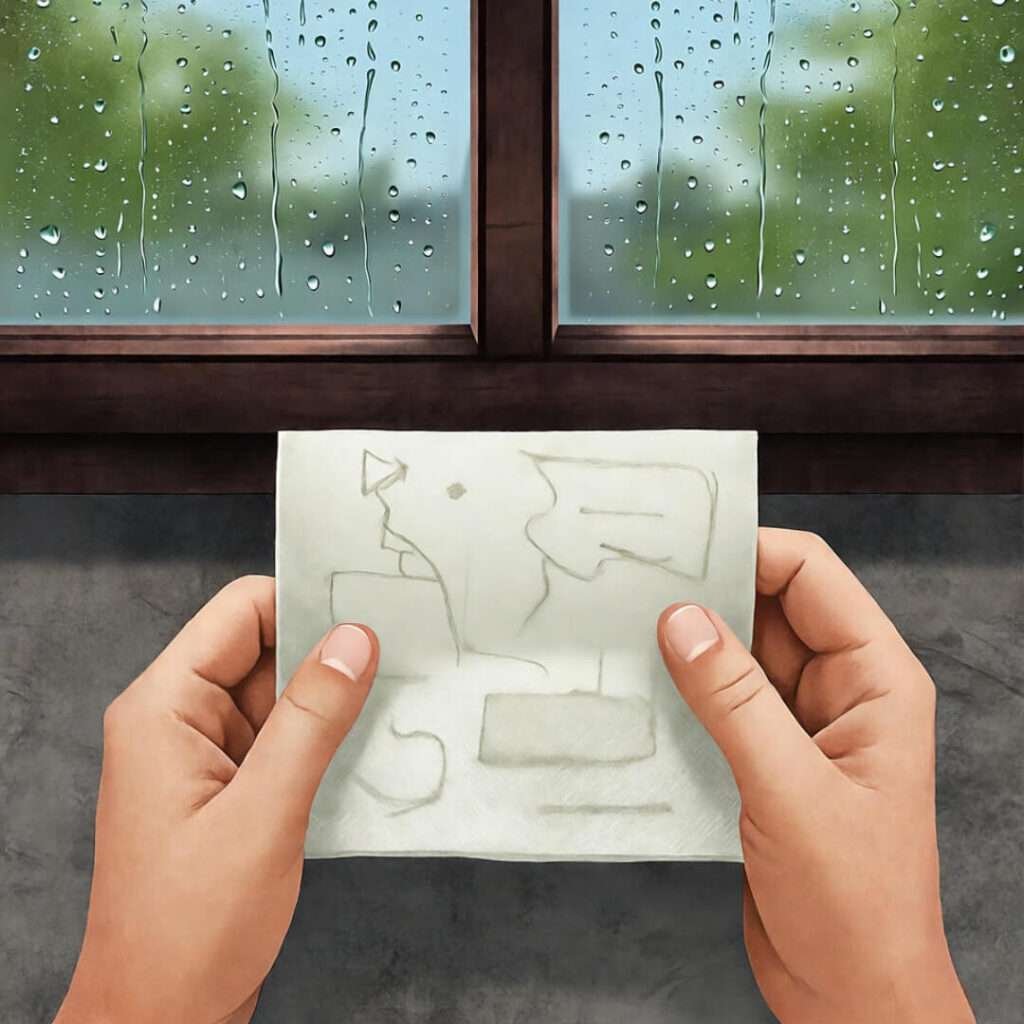 Hands hold napkin with sketched plans, raindrops on diner window.