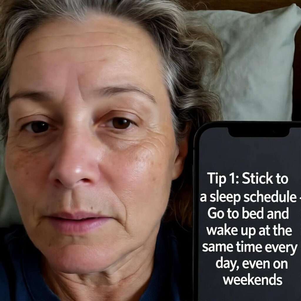 Blurry selfie: pillow-creased face beside WHO sleep tip screenshot.