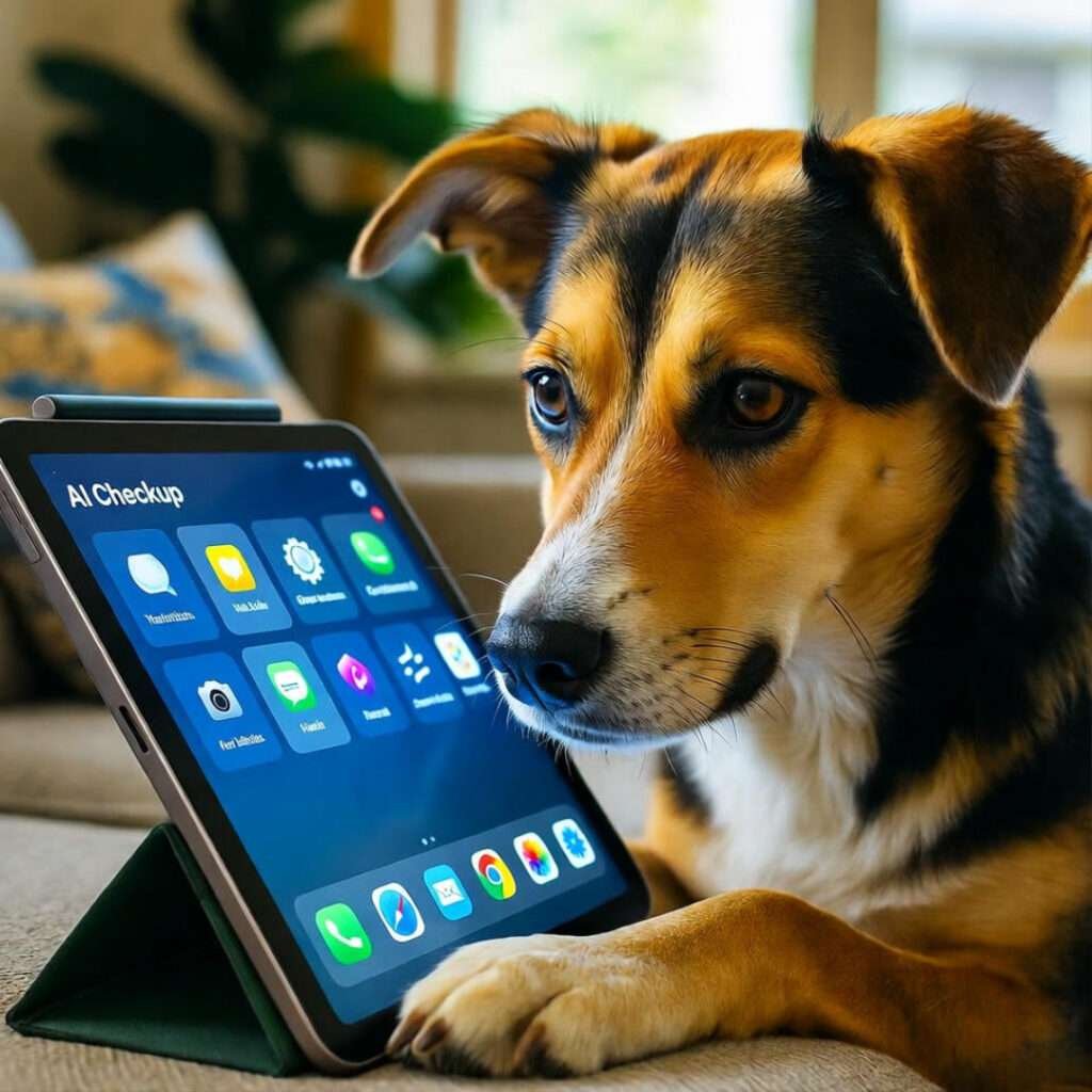 Dog staring suspiciously at tablet running AI checkup app, paw swiping screen on couch.