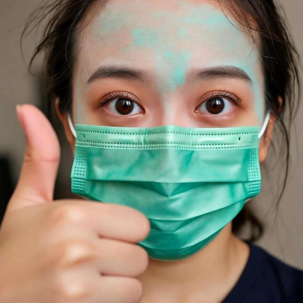 Blurry selfie: green face mask, thumbs up, watering eyes.