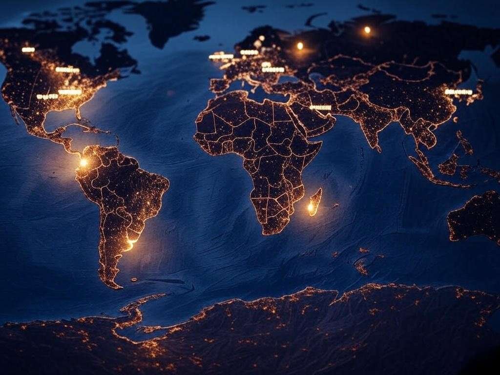Moody world map illustration with glowing pins
