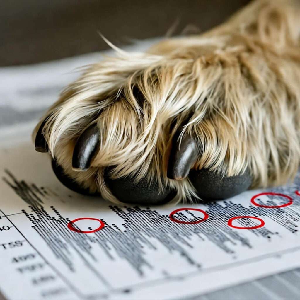 Fluffy dog paw pins Fed dot-plot, red Sharpie circles scream “rate cuts.”