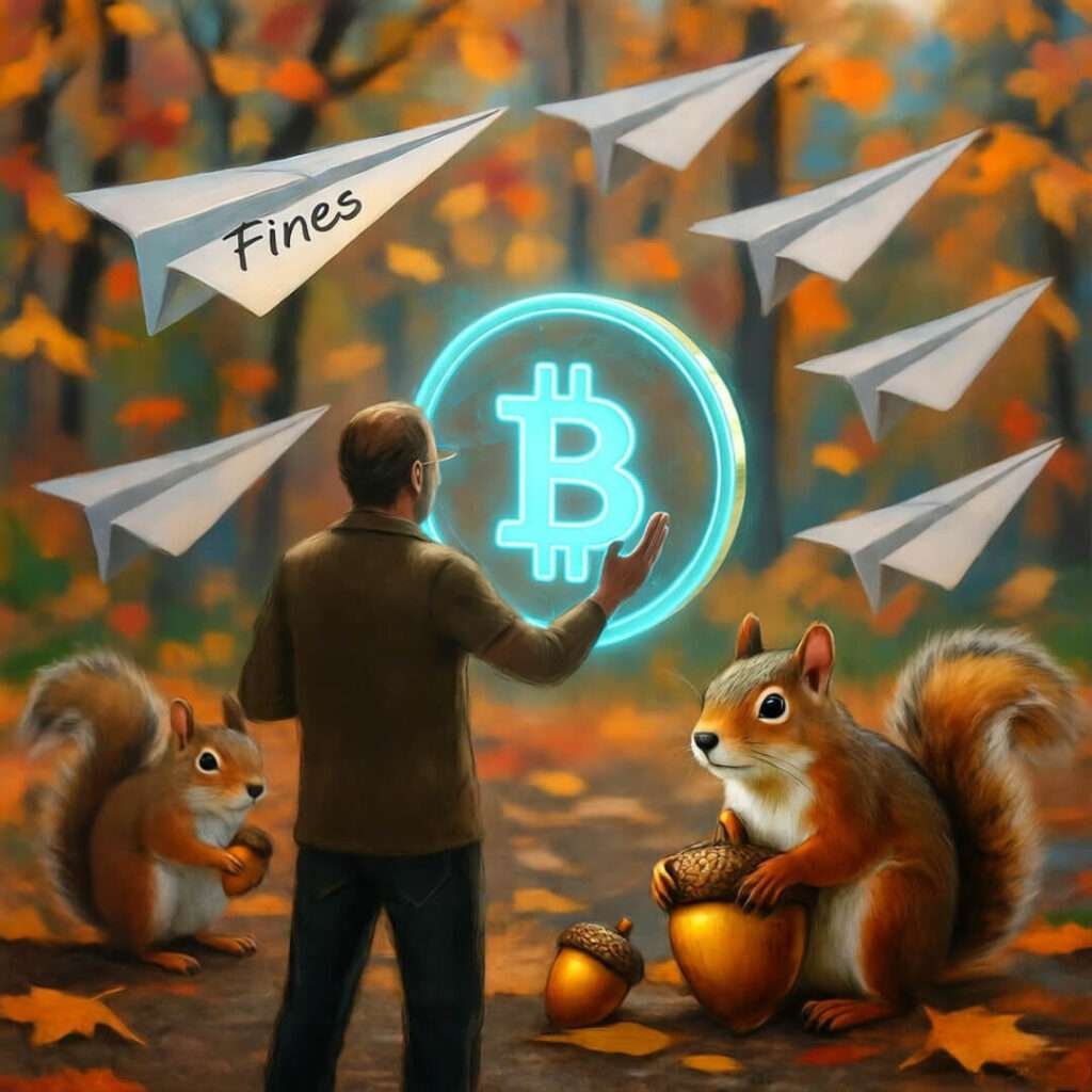 Awkward high-five with glowing Bitcoin, dodging "Fines" planes amid Dogecoin-hoarding squirrels.