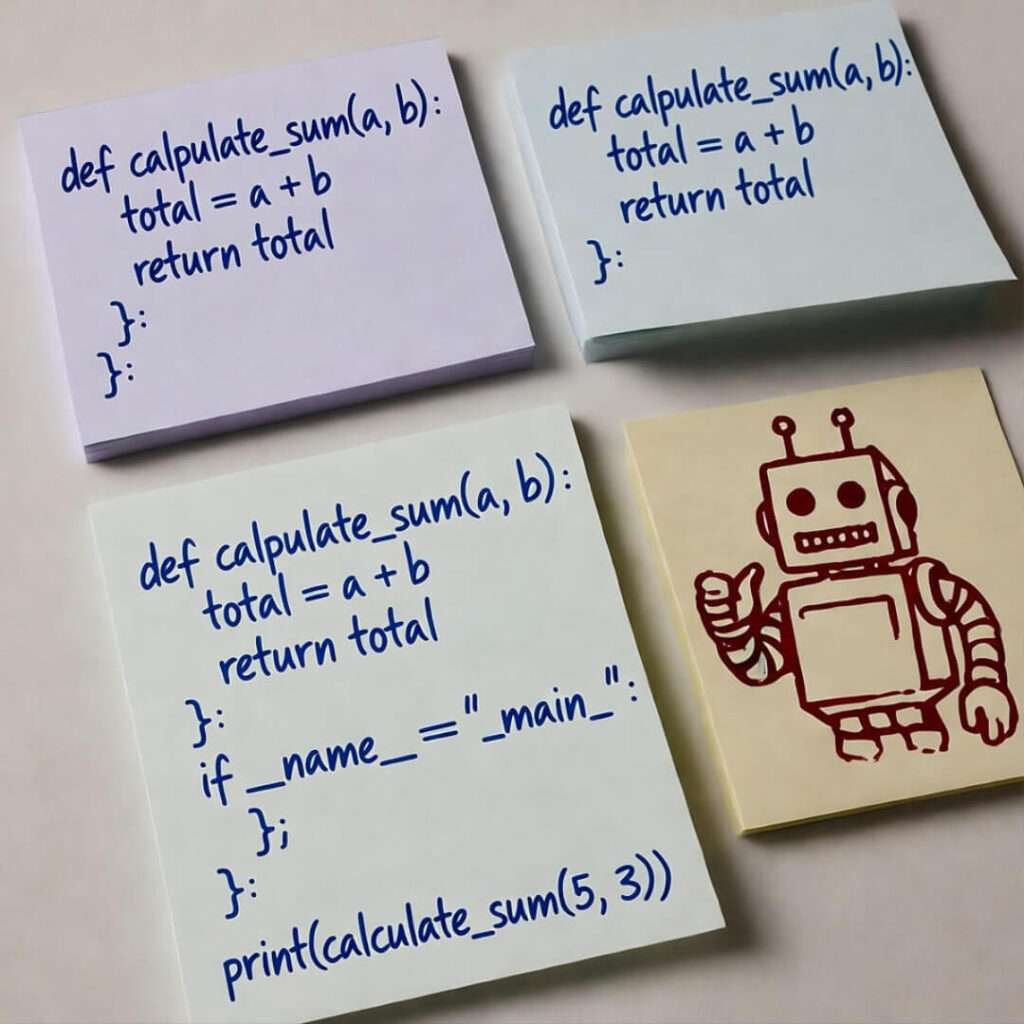 Sticky notes with messy Python code and robot flipping off, overhead view.