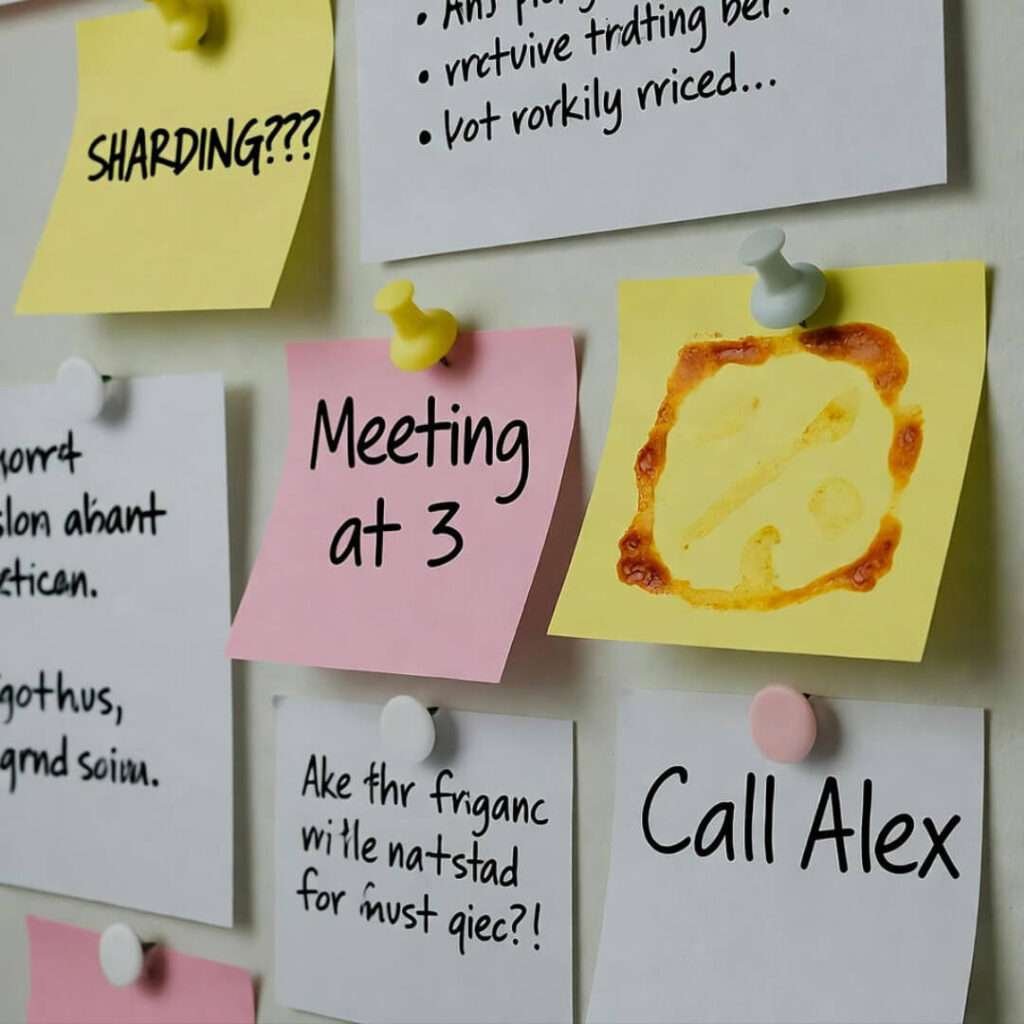 Blurry Post-it wall: "SHARDING???" beside pizza grease stain.