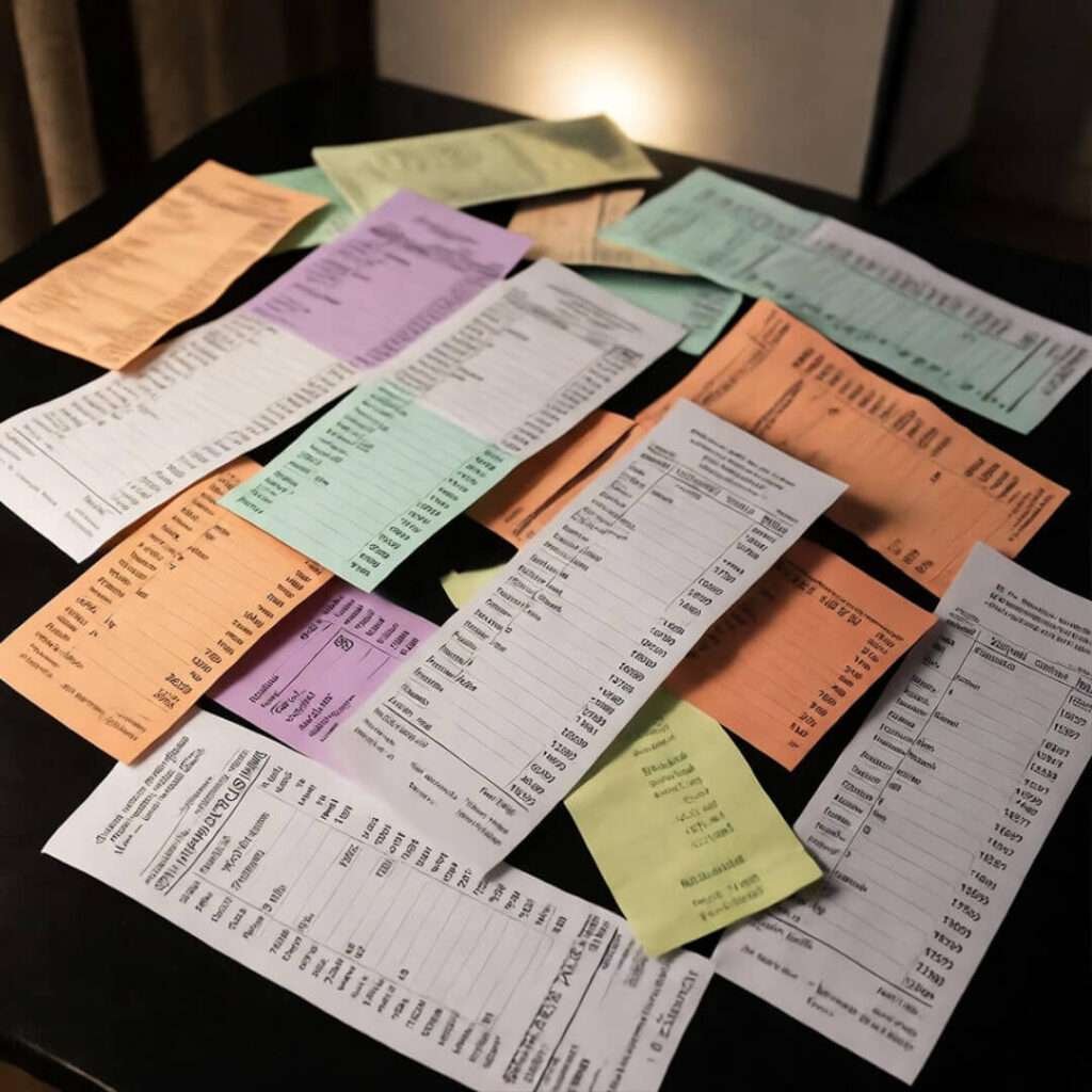 Scattered colorful receipts and notes on a dark table.