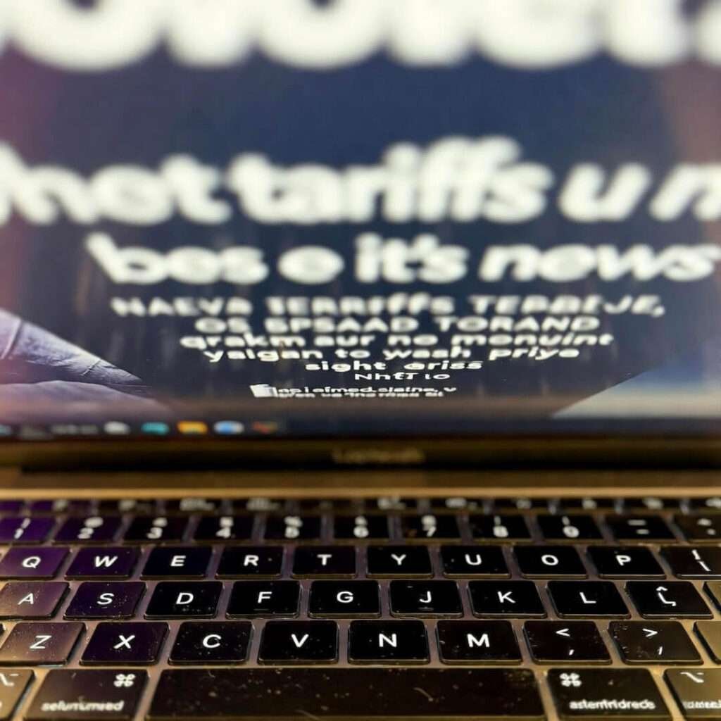 Dusty laptop frozen on tariff alert, coffee stains blur edges.