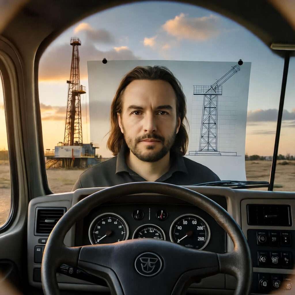 Fish-eye truck dash: Musk saint portrait, wall blueprint, sunset oil rigs.