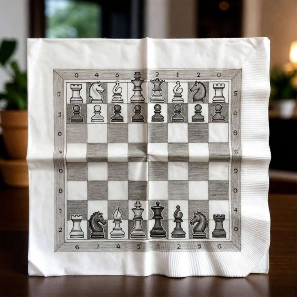 Pencil sketch of chessboard on crumpled napkin, cabinet game in progress.