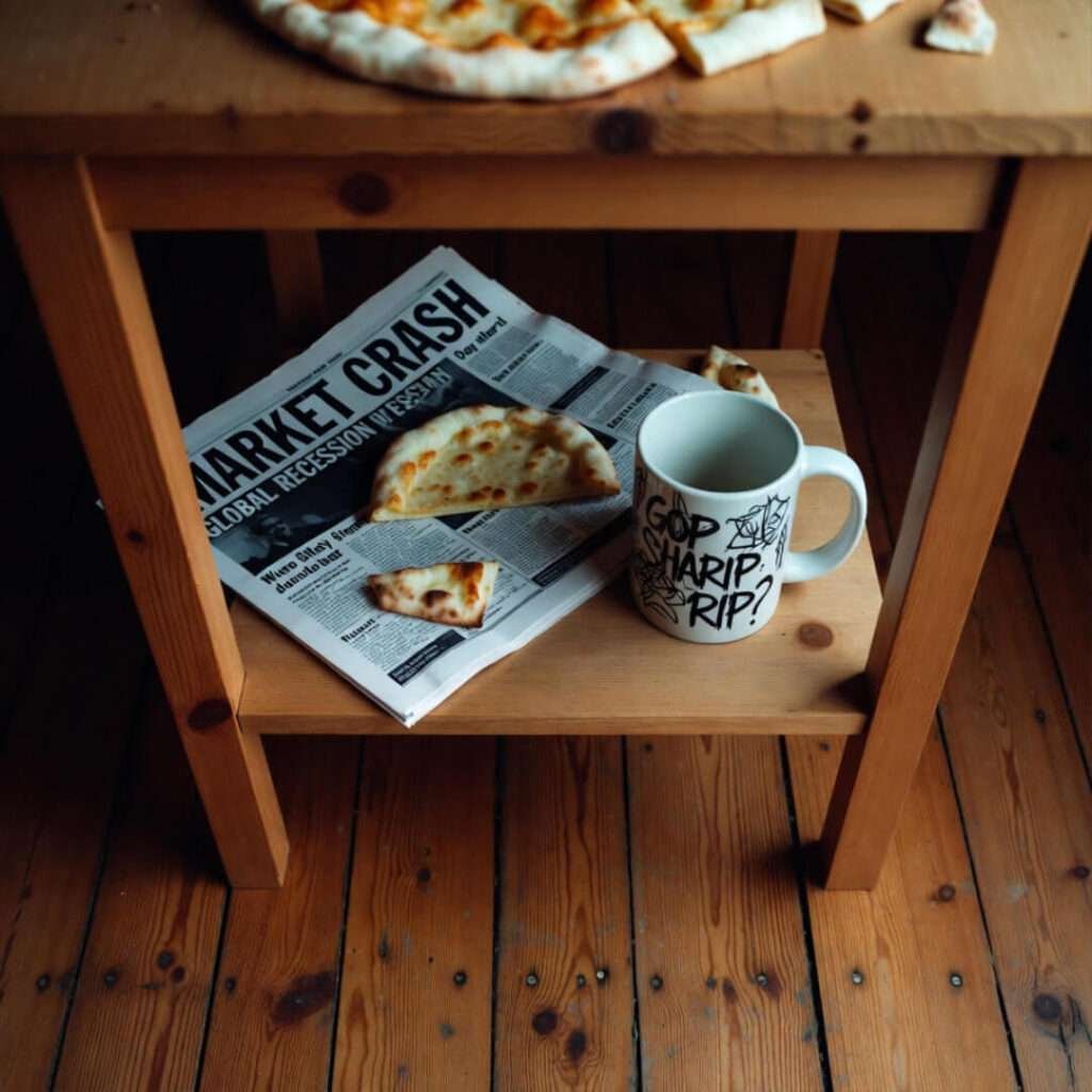 Under table: pizza crusts, crumpled headlines, mug scrawled "GOP RIP?"