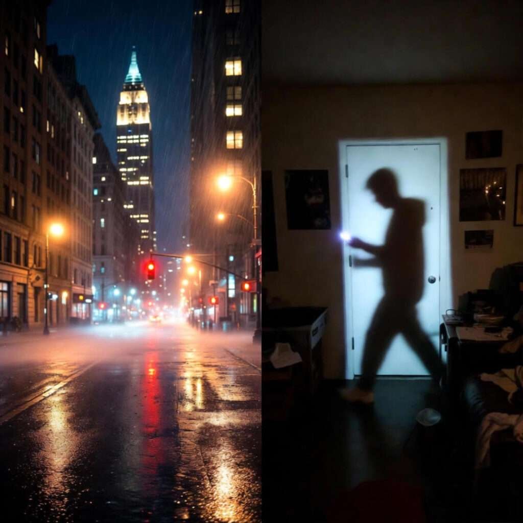 Rainy NYC reflects Red Square; flashlight shadow paces dim living room.