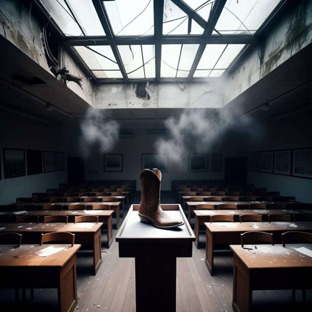 Lone cowboy boot on podium in dusty abandoned lecture hall.