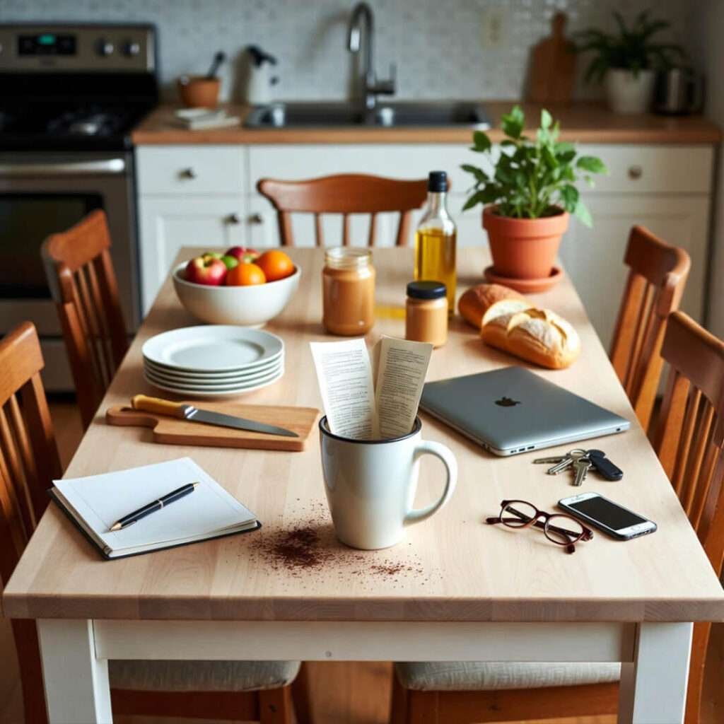 NEP printout under coffee mug on chaotic kitchen table.