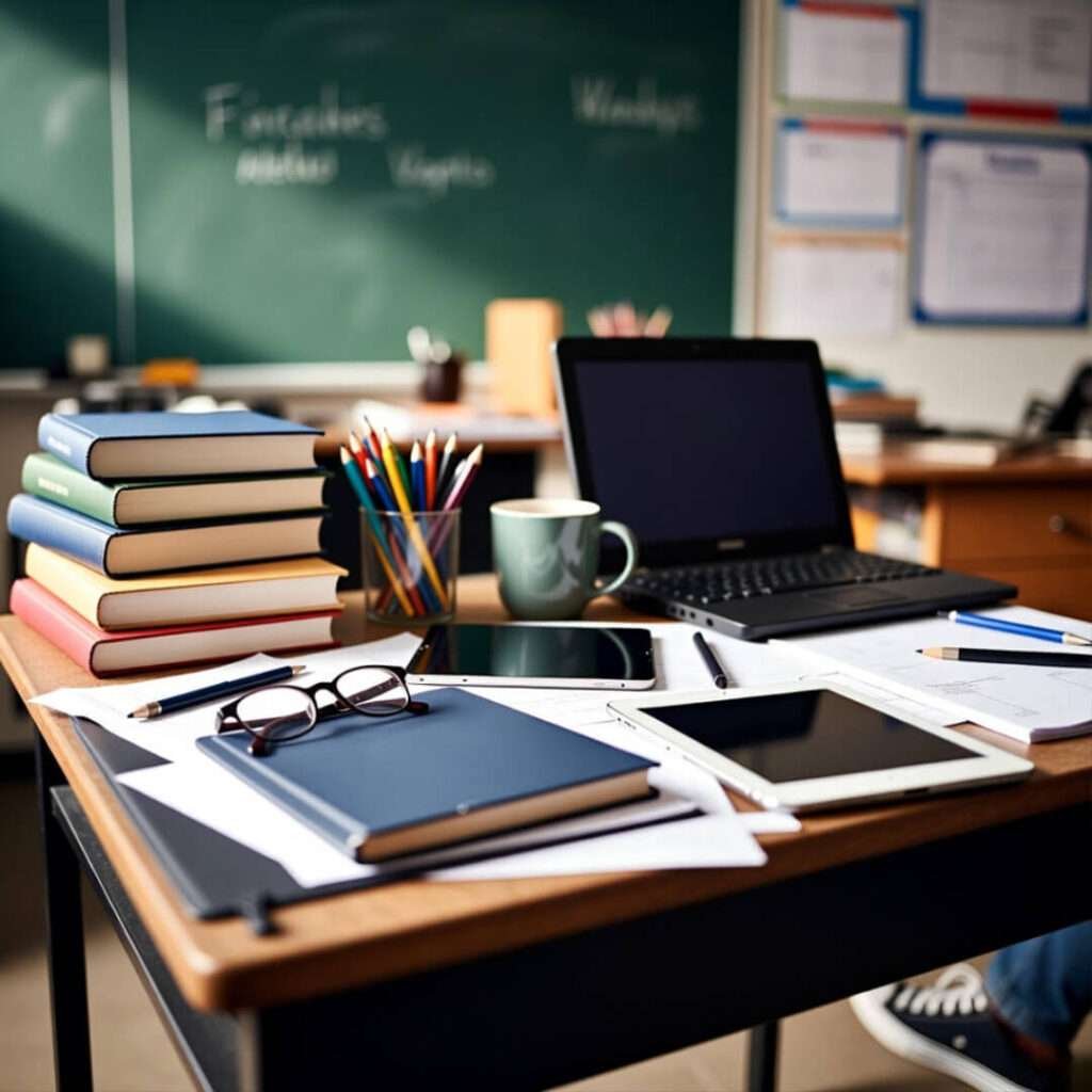 Teacher's desk with books, laptop, tablets, coffee mug, and pencils.