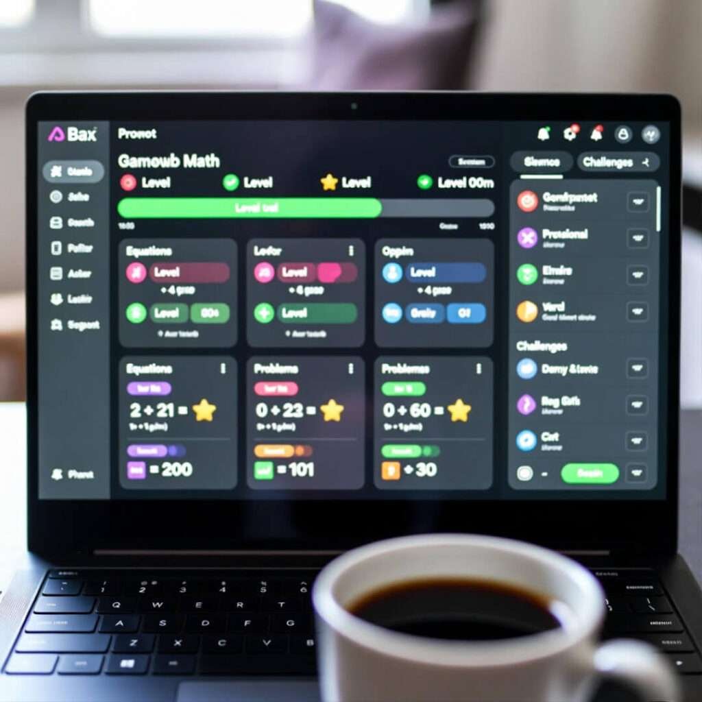 Laptop displays gamified math app; forgotten cold coffee nearby.