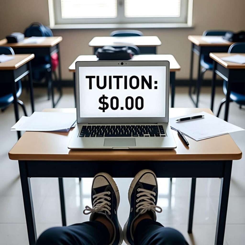 POV of beat-up sneakers under desk with laptop sticker "TUITION: $0.00" in empty classroom.