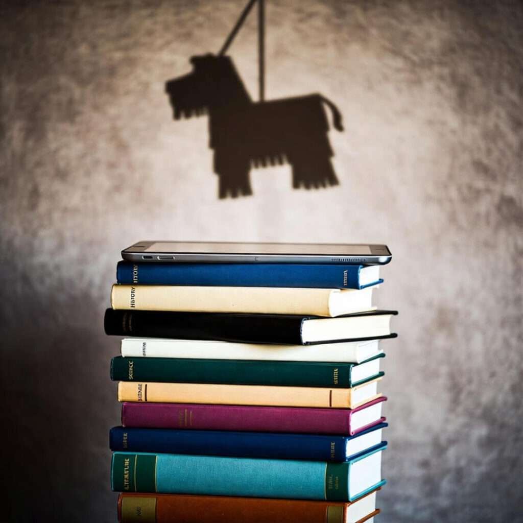 Low-angle view of stacked books, tablet, and dangling diploma shadow.