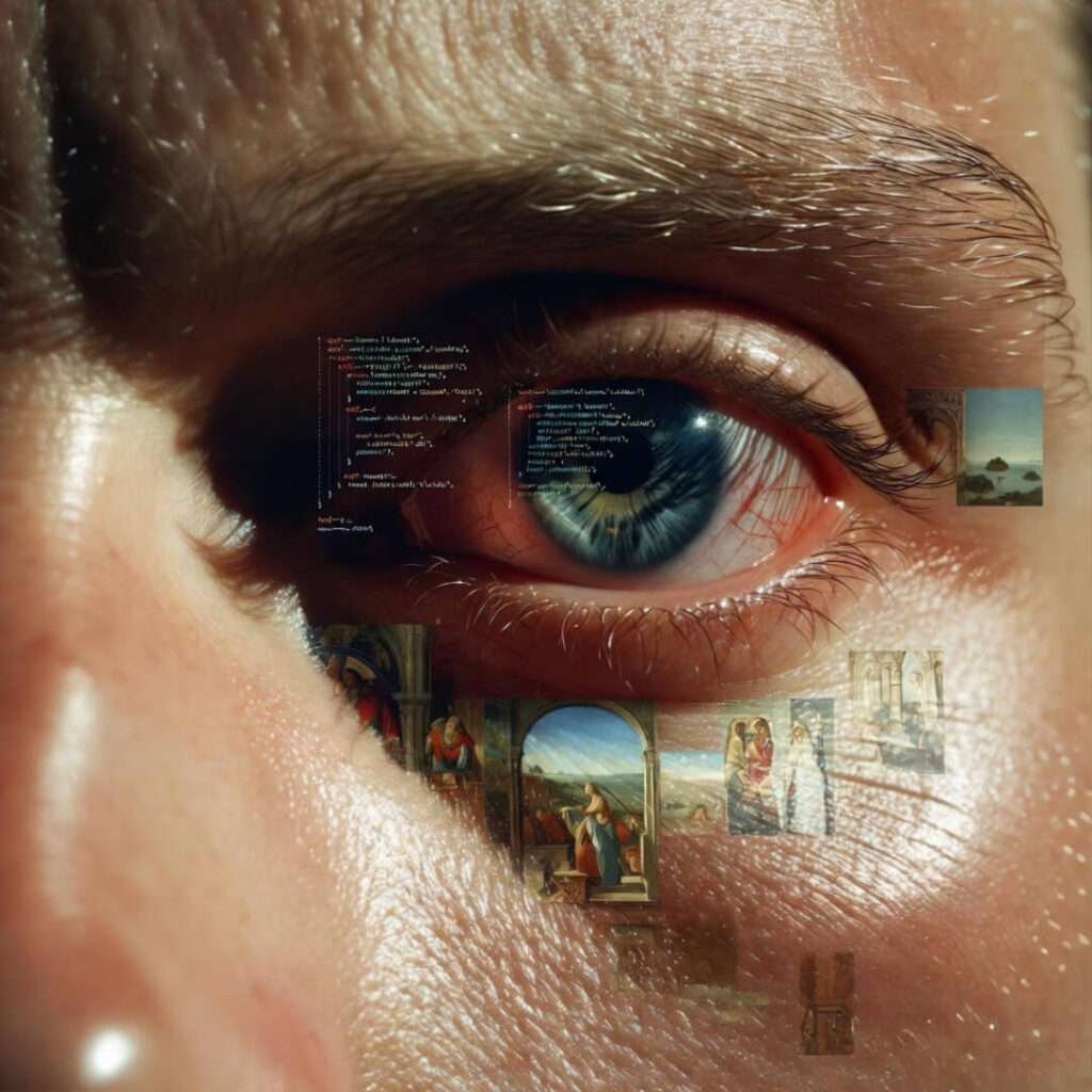 Bloodshot eye reflecting Python code and Renaissance art in extreme close-up.