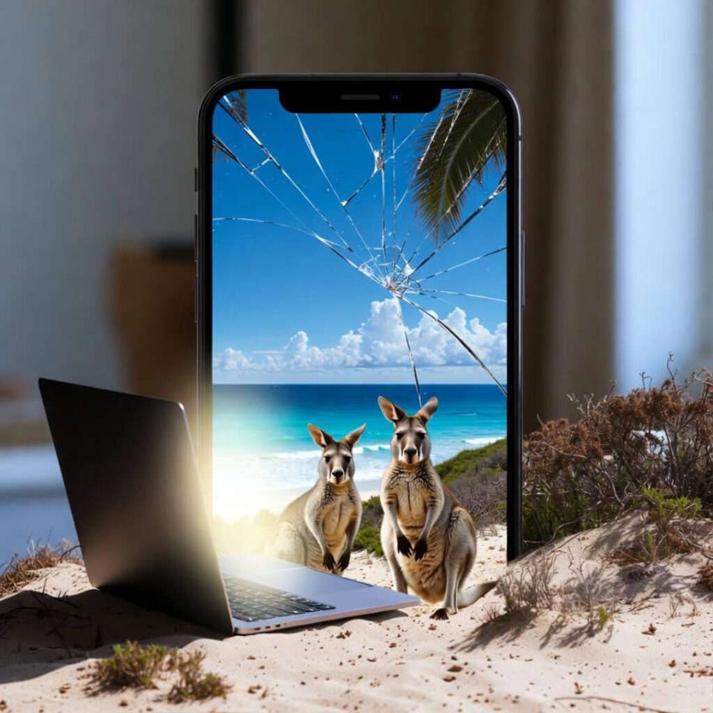 Cracked phone screen shows kangaroos on beach, photobombed by glowing laptop.