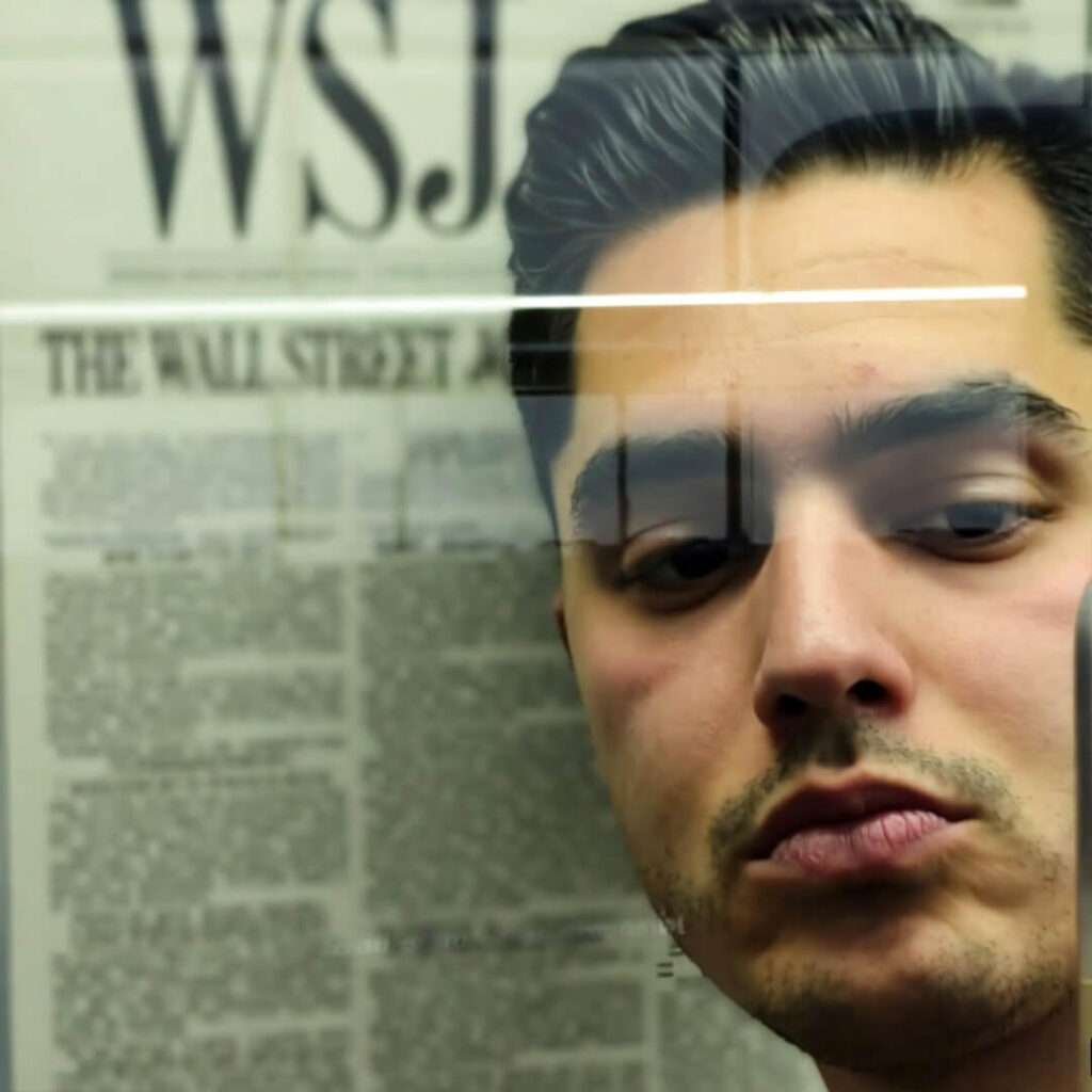 Blurry subway window reflects WSJ headline over stranger's face; tired eyes peek in corner.