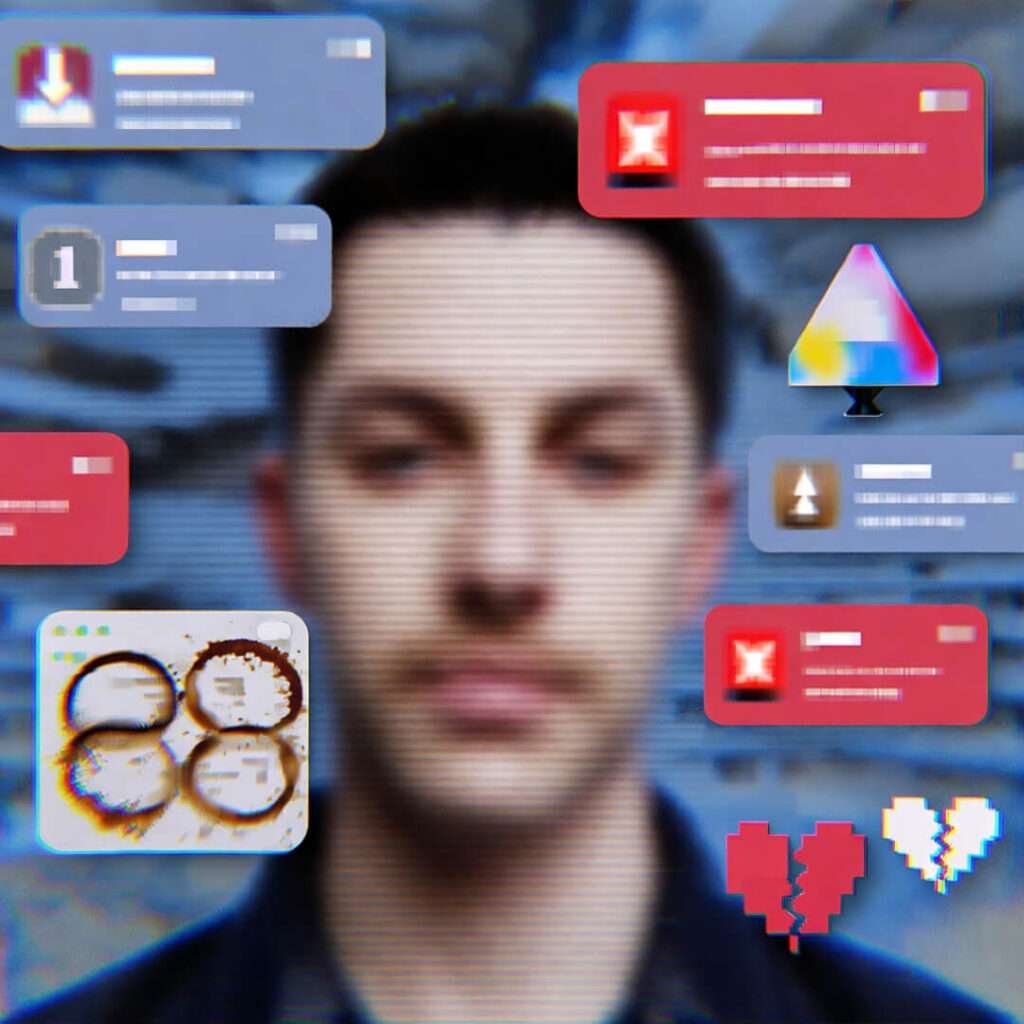 Blurry selfie drowned in red alerts, coffee rings map casualties, pixel hearts shatter. Glitchy numb blues.