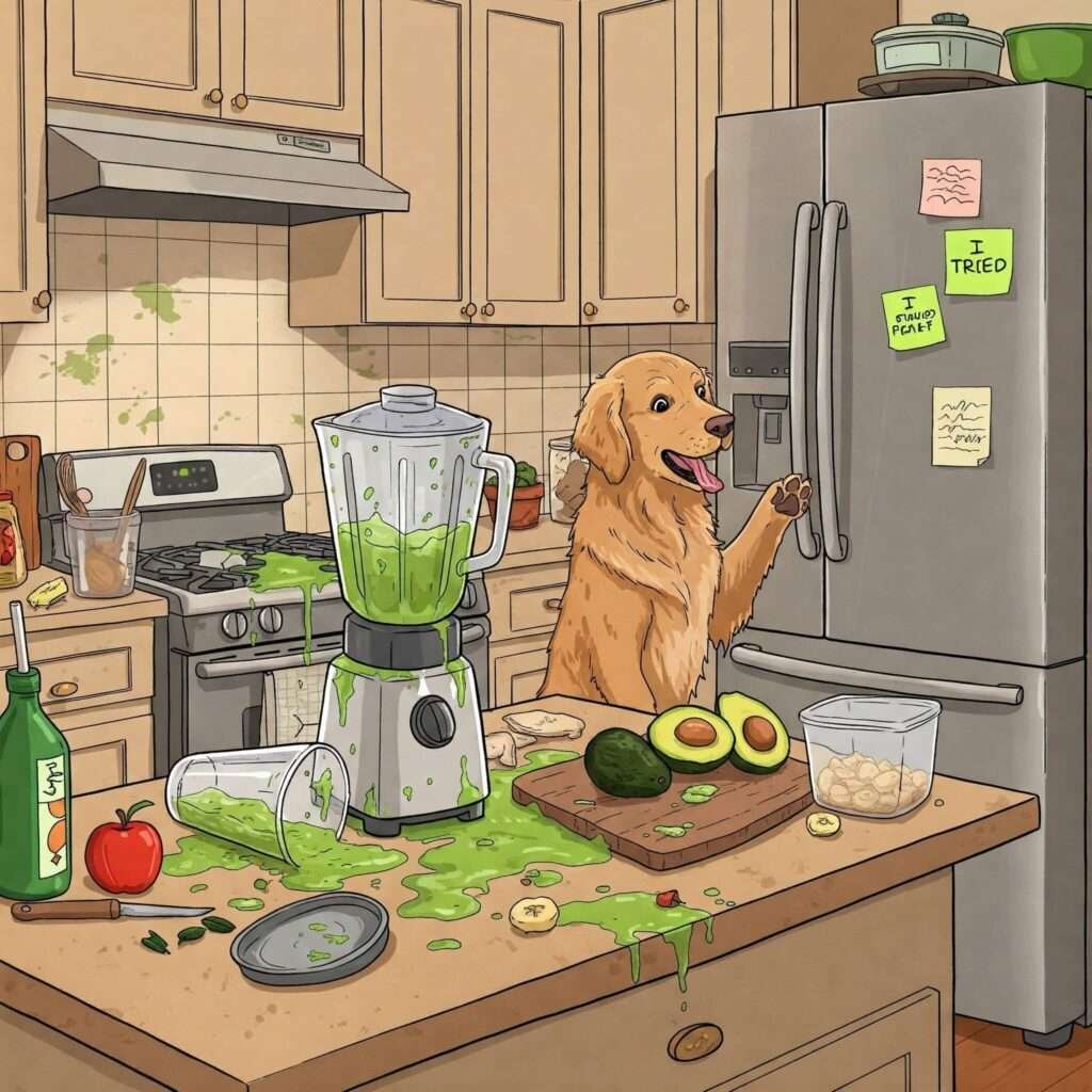 Chaotic kitchen: smoothie mess, avocado-stealing dog.