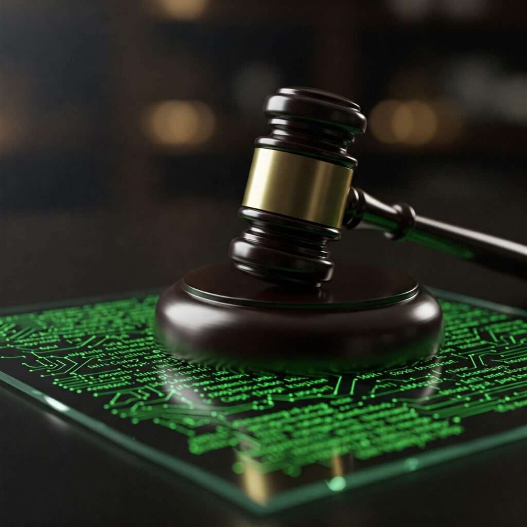 Gavel on blockchain code screen.