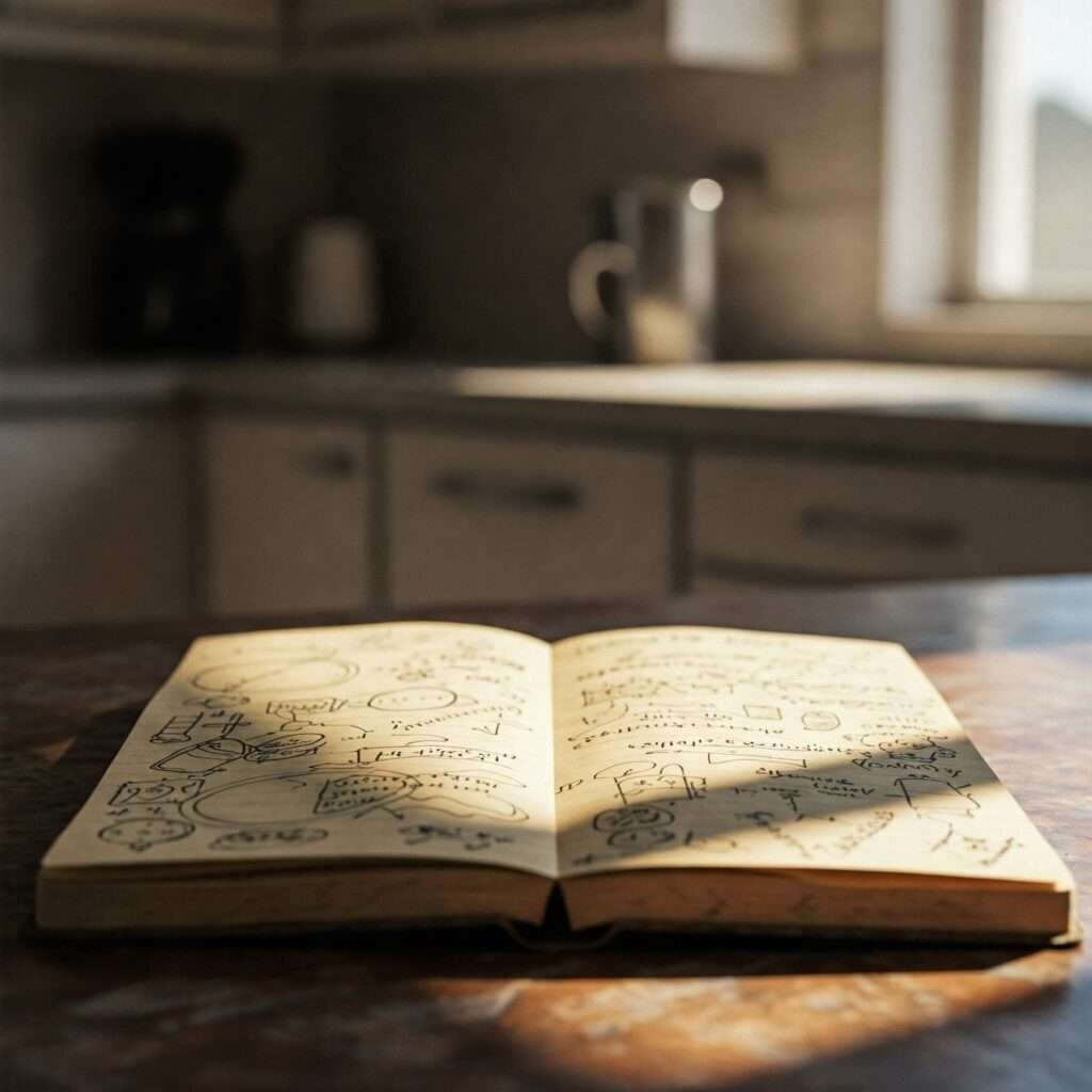 Blurry photo of a coffee-stained notebook