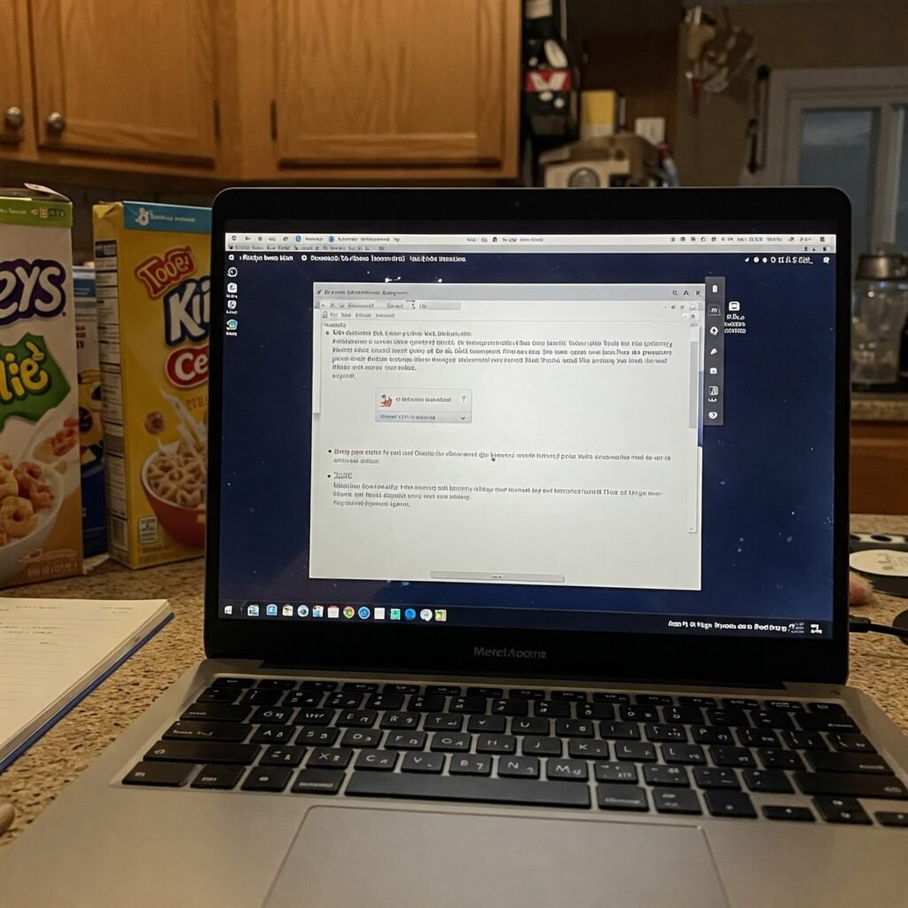 Blurry Zoom selfie, tired reflection, messy study, cereal boxes.