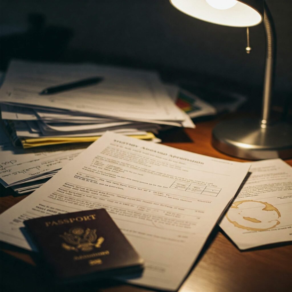 Cluttered desk with study abroad application.