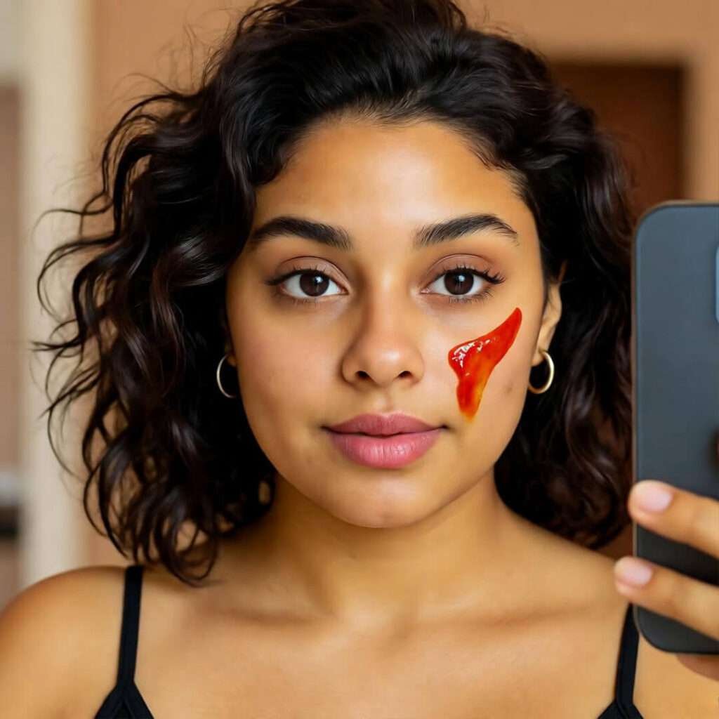 Mirror selfie: glowing half-face, pizza sauce streak on the other cheek.