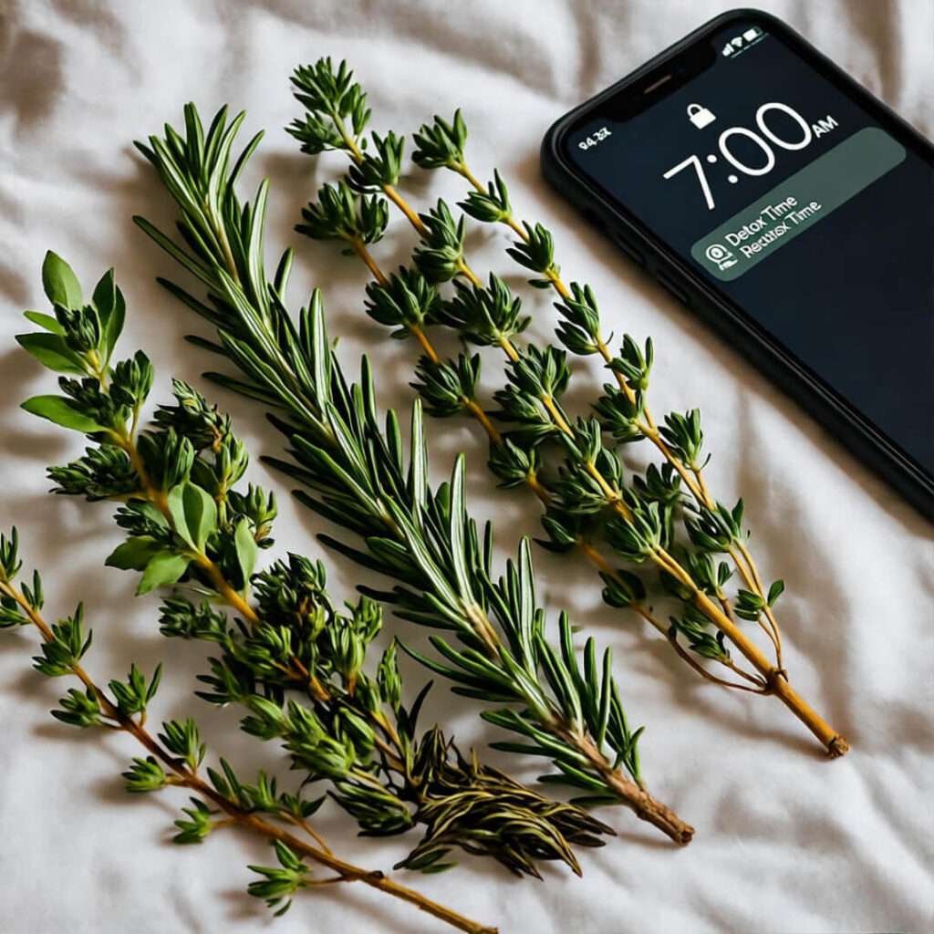 Scattered herbs on bed, phone alarm reads "Detox Time" at 7:00 AM.