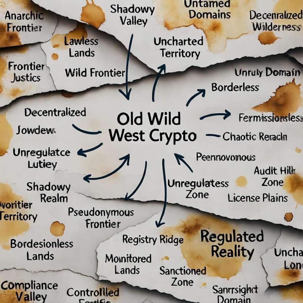 Chaotic mind map: "Old Wild West Crypto" arrows loop to "Regulated Reality" on coffee-stained, torn paper.