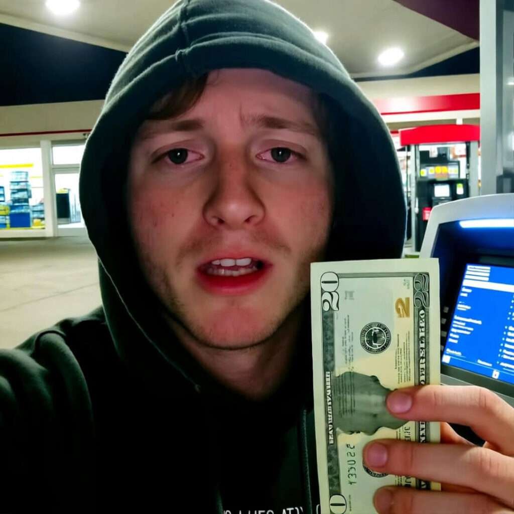 Grainy selfie: bloodshot eyes in hoodie, holding crumpled $20 at 2 a.m. ATM.