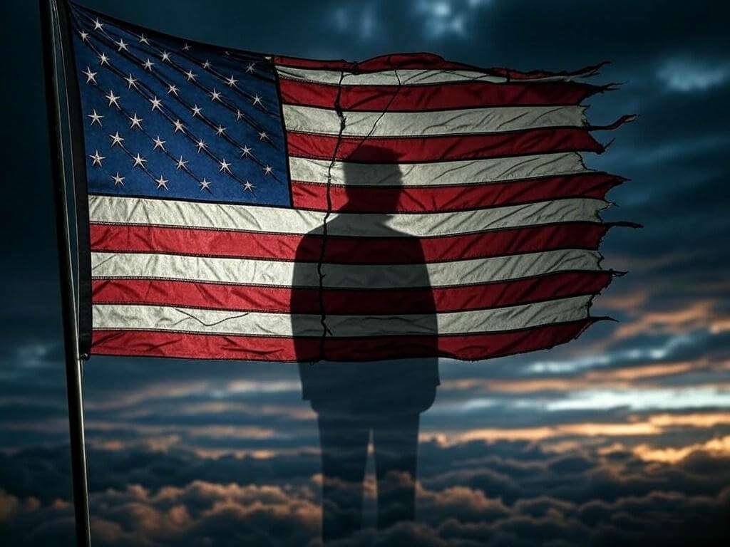 Tattered American Flag with Trump's Shadow